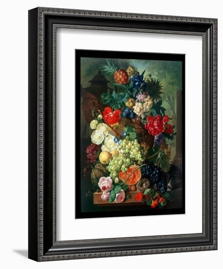 Mixed Flowers and Pineapples in an Urn with a Bird's Nest and a Cat-Jan van Os-Framed Giclee Print