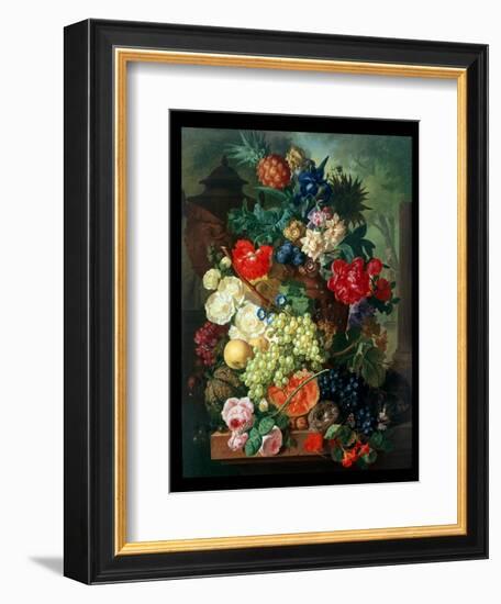 Mixed Flowers and Pineapples in an Urn with a Bird's Nest and a Cat-Jan van Os-Framed Giclee Print