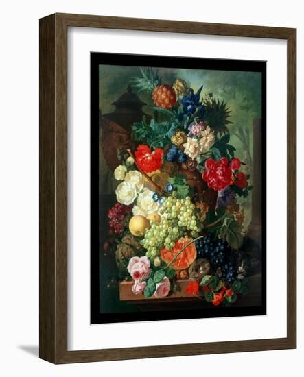 Mixed Flowers and Pineapples in an Urn with a Bird's Nest and a Cat-Jan van Os-Framed Giclee Print