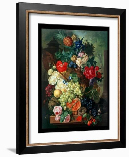 Mixed Flowers and Pineapples in an Urn with a Bird's Nest and a Cat-Jan van Os-Framed Giclee Print