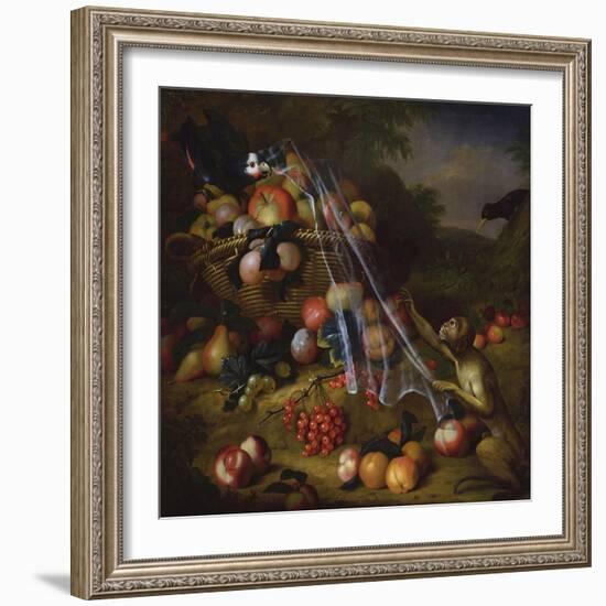 Mixed Fruit with a Monkey, a Parrot, a Jay and Two Finches in Landscapes-Tobias Stranover-Framed Giclee Print