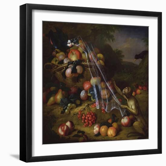 Mixed Fruit with a Monkey, a Parrot, a Jay and Two Finches in Landscapes-Tobias Stranover-Framed Giclee Print