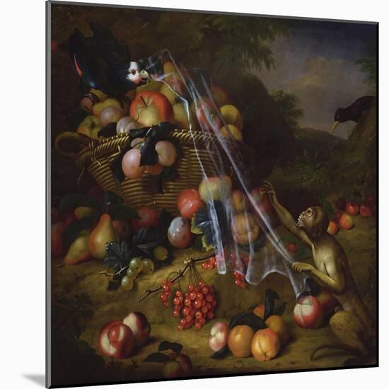 Mixed Fruit with a Monkey, a Parrot, a Jay and Two Finches in Landscapes-Tobias Stranover-Mounted Giclee Print