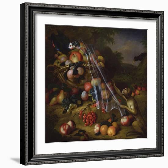 Mixed Fruit with a Monkey, a Parrot, a Jay and Two Finches in Landscapes-Tobias Stranover-Framed Giclee Print