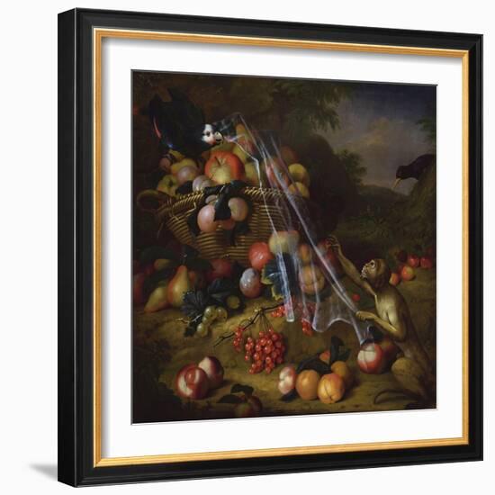 Mixed Fruit with a Monkey, a Parrot, a Jay and Two Finches in Landscapes-Tobias Stranover-Framed Giclee Print