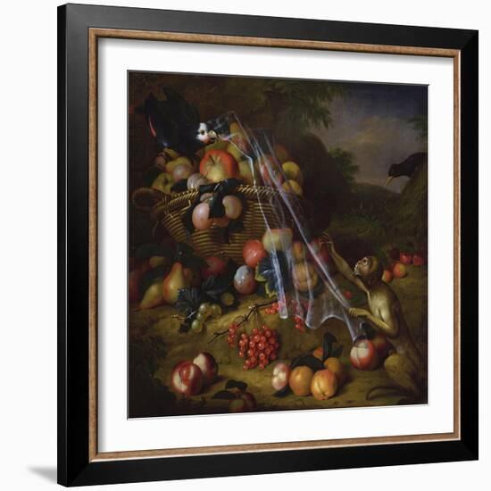 Mixed Fruit with a Monkey, a Parrot, a Jay and Two Finches in Landscapes-Tobias Stranover-Framed Giclee Print