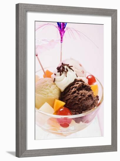 Mixed Ice Cream with Fruit, Cream and Cocktail Umbrella-Foodcollection-Framed Photographic Print