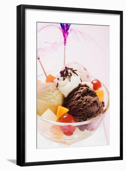 Mixed Ice Cream with Fruit, Cream and Cocktail Umbrella-Foodcollection-Framed Photographic Print