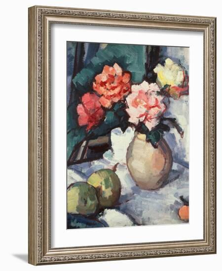 Mixed Roses in a Brown Vase with a Cup, Saucer and Apples, 1928-Samuel John Peploe-Framed Giclee Print