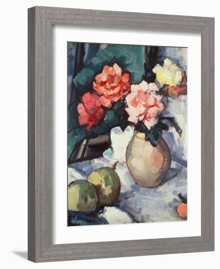 Mixed Roses in a Brown Vase with a Cup, Saucer and Apples, 1928-Samuel John Peploe-Framed Giclee Print