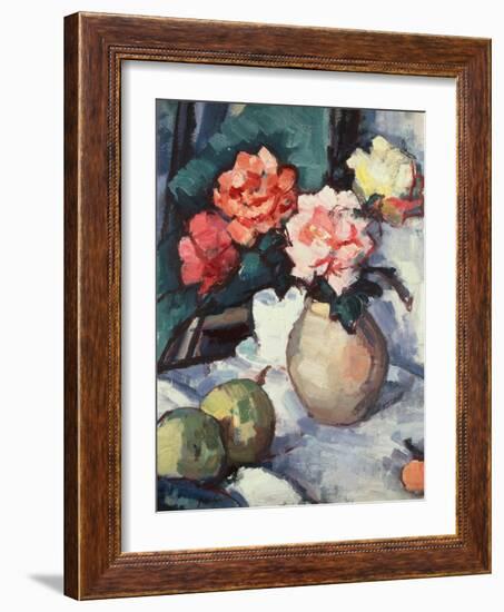 Mixed Roses in a Brown Vase with a Cup, Saucer and Apples, 1928-Samuel John Peploe-Framed Giclee Print