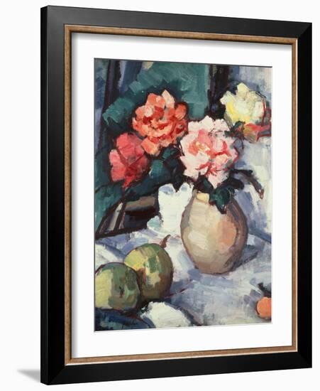 Mixed Roses in a Brown Vase with a Cup, Saucer and Apples, 1928-Samuel John Peploe-Framed Giclee Print