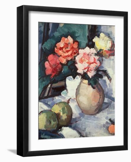 Mixed Roses in a Brown Vase with a Cup, Saucer and Apples, 1928-Samuel John Peploe-Framed Giclee Print