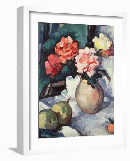 Mixed Roses in a Brown Vase with a Cup, Saucer and Apples, 1928-Samuel John Peploe-Framed Giclee Print