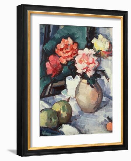 Mixed Roses in a Brown Vase with a Cup, Saucer and Apples, 1928-Samuel John Peploe-Framed Giclee Print