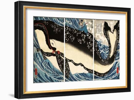 Miyamoto No Musashi Attacking the Giant Whale, 1847-50 (Woodblock Print)-Utagawa Kuniyoshi-Framed Giclee Print