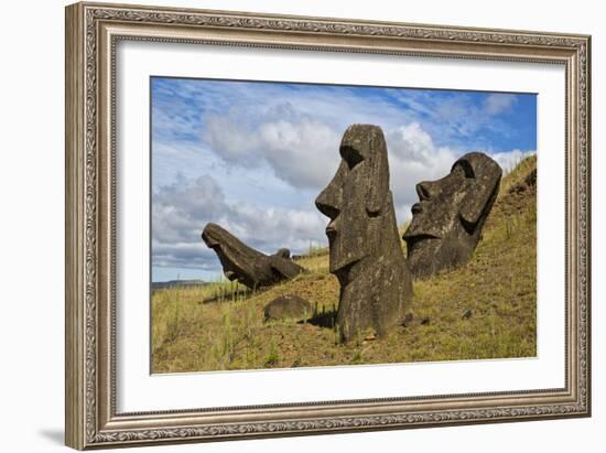 Moai Stone Statue Heads, At The Rapa Nui Quarry, Base Of Rano Raraku Volcano. Easter Island, Chile-Karine Aigner-Framed Photographic Print
