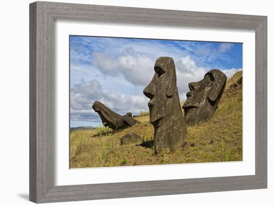 Moai Stone Statue Heads, At The Rapa Nui Quarry, Base Of Rano Raraku Volcano. Easter Island, Chile-Karine Aigner-Framed Photographic Print