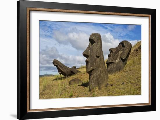 Moai Stone Statue Heads, At The Rapa Nui Quarry, Base Of Rano Raraku Volcano. Easter Island, Chile-Karine Aigner-Framed Photographic Print