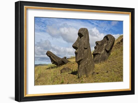 Moai Stone Statue Heads, At The Rapa Nui Quarry, Base Of Rano Raraku Volcano. Easter Island, Chile-Karine Aigner-Framed Photographic Print