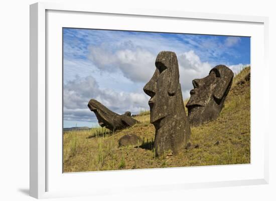 Moai Stone Statue Heads, At The Rapa Nui Quarry, Base Of Rano Raraku Volcano. Easter Island, Chile-Karine Aigner-Framed Photographic Print