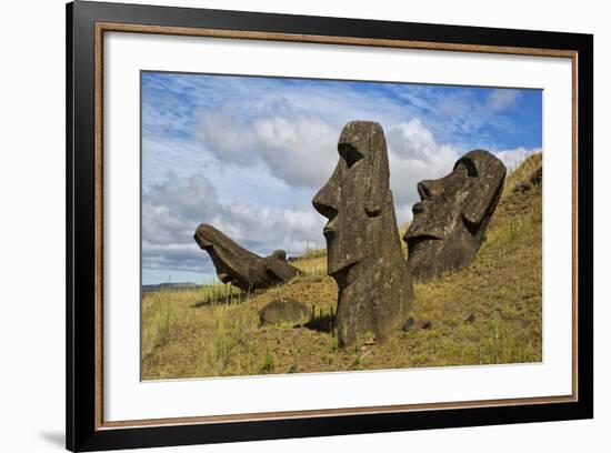 Moai Stone Statue Heads, At The Rapa Nui Quarry, Base Of Rano Raraku Volcano. Easter Island, Chile-Karine Aigner-Framed Photographic Print