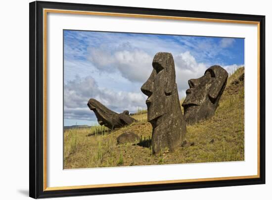 Moai Stone Statue Heads, At The Rapa Nui Quarry, Base Of Rano Raraku Volcano. Easter Island, Chile-Karine Aigner-Framed Photographic Print