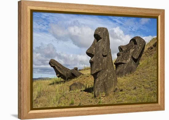 Moai Stone Statue Heads, At The Rapa Nui Quarry, Base Of Rano Raraku Volcano. Easter Island, Chile-Karine Aigner-Framed Premier Image Canvas