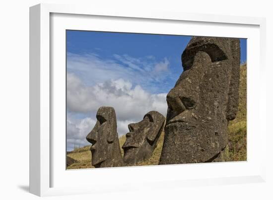 Moai Stone Statue Heads, At The Rapa Nui Quarry, Base Of Rano Raraku Volcano. Easter Island, Chile-Karine Aigner-Framed Photographic Print