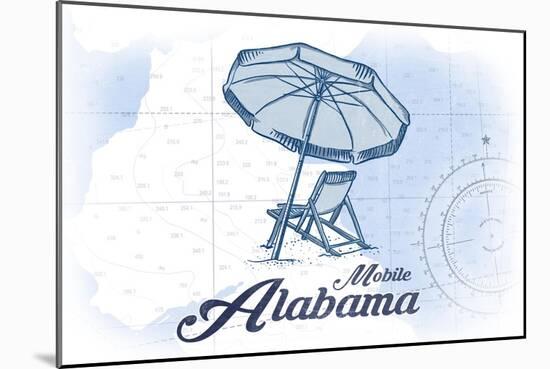 Mobile, Alabama - Beach Chair and Umbrella - Blue - Coastal Icon-Lantern Press-Mounted Art Print