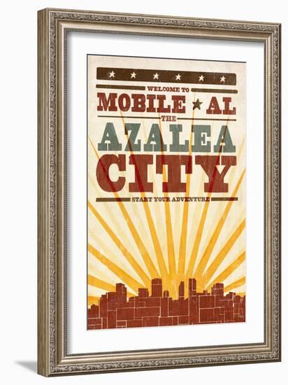 Mobile, Alabama - Skyline and Sunburst Screenprint Style-Lantern Press-Framed Art Print
