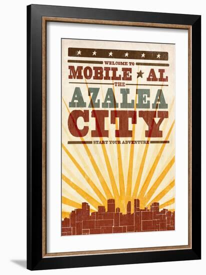 Mobile, Alabama - Skyline and Sunburst Screenprint Style-Lantern Press-Framed Art Print