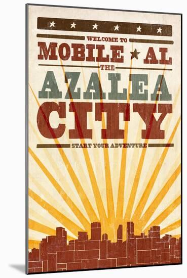 Mobile, Alabama - Skyline and Sunburst Screenprint Style-Lantern Press-Mounted Art Print