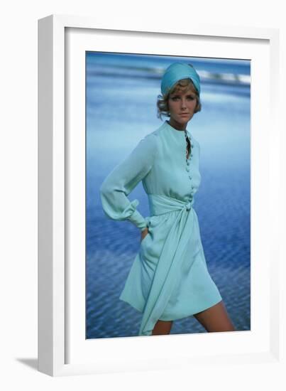 Model Cheryl Tiegs on Beach Wearing Light Green Acetate and Rayon Dress by Stan Herman for Mr. Mort-Gianni Penati-Framed Premium Giclee Print