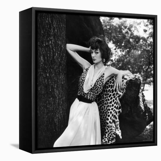 Model Displaying Leopard Print Dress-Nina Leen-Framed Premier Image Canvas