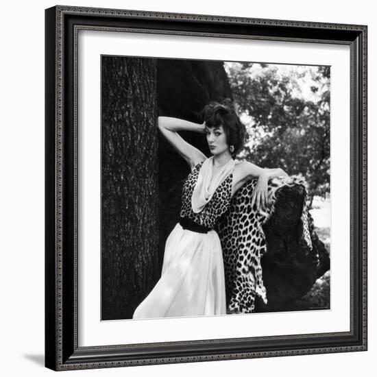 Model Displaying Leopard Print Dress-Nina Leen-Framed Photographic Print