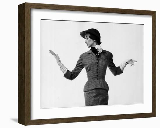 Model Dorian Leigh Wearing Softly Tailored Suit by Adele Simpson with Long Gloves-Gjon Mili-Framed Photographic Print