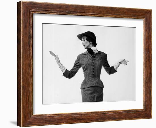 Model Dorian Leigh Wearing Softly Tailored Suit by Adele Simpson with Long Gloves-Gjon Mili-Framed Photographic Print