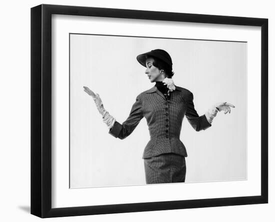 Model Dorian Leigh Wearing Softly Tailored Suit by Adele Simpson with Long Gloves-Gjon Mili-Framed Photographic Print