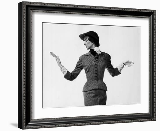 Model Dorian Leigh Wearing Softly Tailored Suit by Adele Simpson with Long Gloves-Gjon Mili-Framed Photographic Print