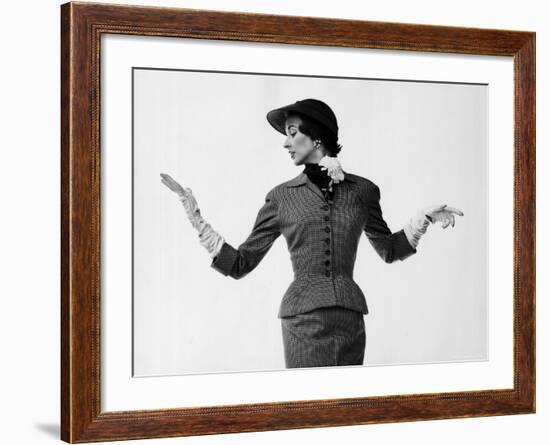 Model Dorian Leigh Wearing Softly Tailored Suit by Adele Simpson with Long Gloves-Gjon Mili-Framed Photographic Print