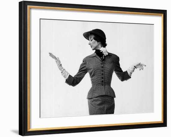 Model Dorian Leigh Wearing Softly Tailored Suit by Adele Simpson with Long Gloves-Gjon Mili-Framed Photographic Print