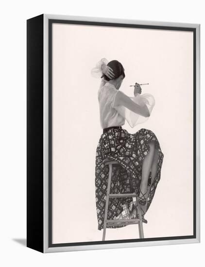 Model Dorian Leigh Wearing White Organdy Shirt with Full Print Skirt by Ceil Chapman-Gjon Mili-Framed Premier Image Canvas