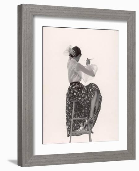 Model Dorian Leigh Wearing White Organdy Shirt with Full Print Skirt by Ceil Chapman-Gjon Mili-Framed Photographic Print