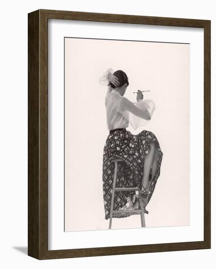 Model Dorian Leigh Wearing White Organdy Shirt with Full Print Skirt by Ceil Chapman-Gjon Mili-Framed Photographic Print