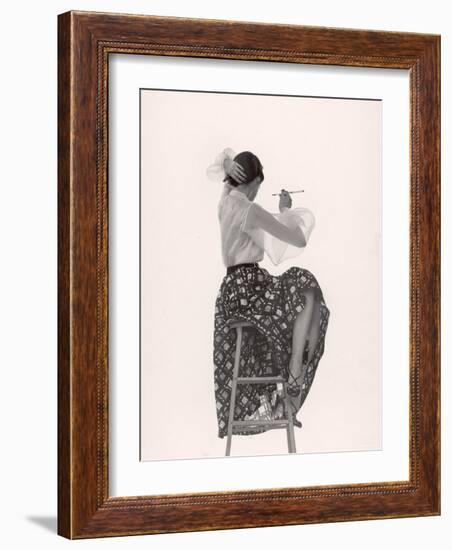 Model Dorian Leigh Wearing White Organdy Shirt with Full Print Skirt by Ceil Chapman-Gjon Mili-Framed Photographic Print