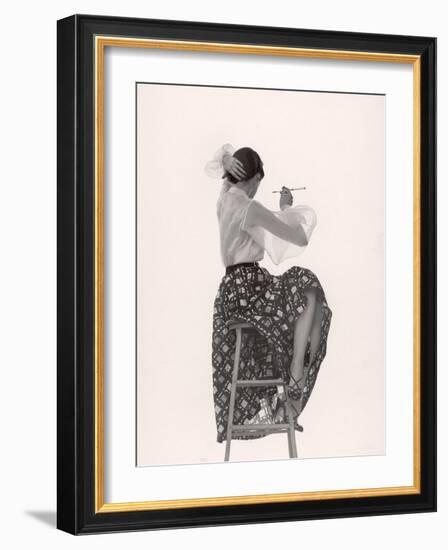 Model Dorian Leigh Wearing White Organdy Shirt with Full Print Skirt by Ceil Chapman-Gjon Mili-Framed Photographic Print