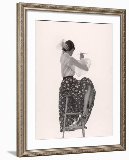 Model Dorian Leigh Wearing White Organdy Shirt with Full Print Skirt by Ceil Chapman-Gjon Mili-Framed Photographic Print