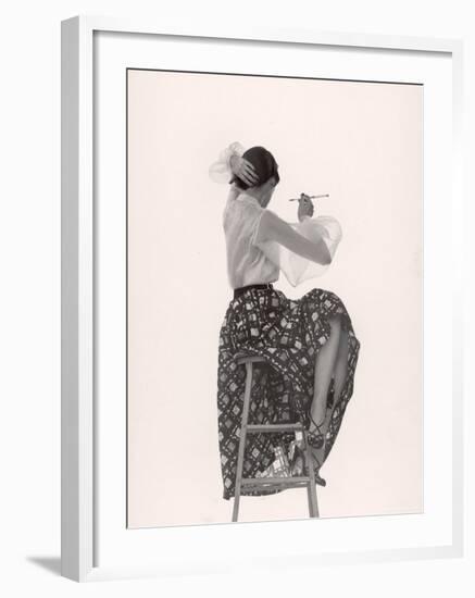 Model Dorian Leigh Wearing White Organdy Shirt with Full Print Skirt by Ceil Chapman-Gjon Mili-Framed Photographic Print