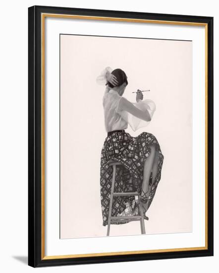 Model Dorian Leigh Wearing White Organdy Shirt with Full Print Skirt by Ceil Chapman-Gjon Mili-Framed Photographic Print